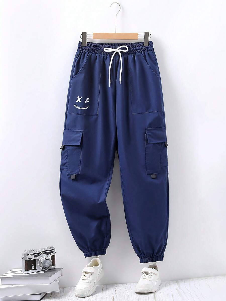 青少年男童休闲卡通字母印花抽绳腰部翻盖口袋宽松工装裤 - 寶藍色 - 查看 1