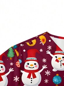 PopScrub Plus Size Cute Snowman Print V-Neck Short Sleeve Pocket Nurse Uniform Top Cute Cartoon Snowman Print Plus Size V-Neck Short Sleeve Pocket Scrubs Top, Suitable For Women Santa Claus With White Beard Cartoon Themed Nursing Uniform Top, Christmas Women Clothes
