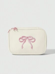 ROMWE Kawaii 便携式粉色刺绣蝴蝶结化妆包