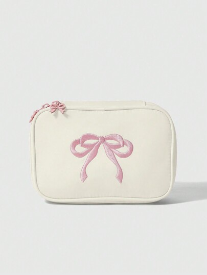 Kawaii Bolsa de maquillaje portátil rosa bordada con moño
