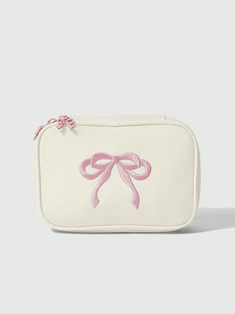 ROMWE Kawaii ポータブル ピンクのフラワー刺繍リボン メイクポーチ