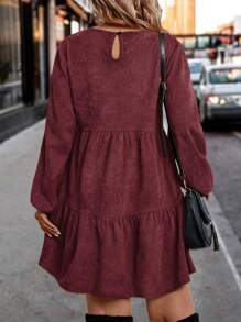 EMERY ROSE 大码休闲纯色灯笼袖罩衫连衣裙酒红色女装 - 酒紅色 - 查看 2