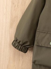 Baby Boy Casual Solid Color Double Pocket Hoodie Jacket, Suitable For Autumn - Army Green - View 5