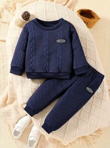 SHEIN Baby Boy Solid Color Casual Sports Textured Fabric Crew Neck Long Sleeve Sweatshirt And Jogging Pants Set