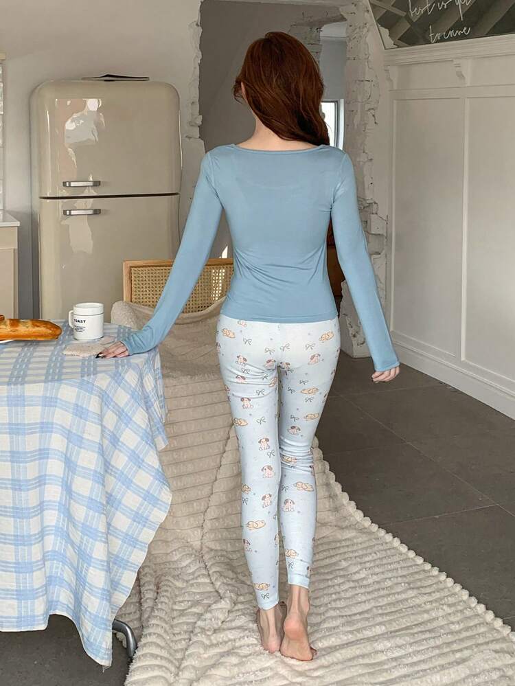 Cute Cartoon Pattern Print Slim Fit Pajama Set