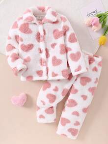 年轻女孩可爱心形图案羊毛面料开衫和加厚羊毛长袖裤保暖家居服套装，新款 - 粉色 - 查看 3