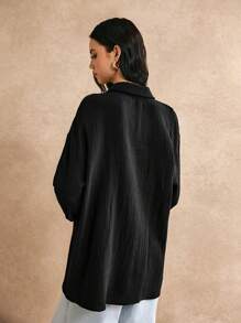 Poéselle 落肩袖素色長款襯衫 - 黑色 - 查看 5