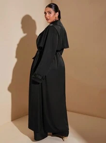 SHEIN BAE 大码秋季优雅女式机场商务缎带长款宽松棕色风衣 - 黑色 - 查看 2