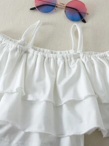 SHEIN Bộ 3 món/Bộ trang phục thời trang mới cho bé gái, Áo crop top cổ bèo nhún sang trọng thanh lịch phong cách Hàn Quốc, Áo sơ mi có dây đeo, Váy cạp cao, Áo khoác thể thao giản dị thời trang, Bộ quần áo dễ thương ngọt ngào - Hồng - Xem 4