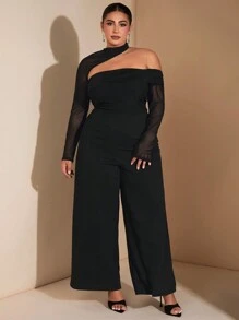 SHEIN BAE Plus Size Elegant Black Mesh Asymmetric Splicing Jumpsuit,Elegant,Halloween Women Costumes,Christmas - Black - View 5