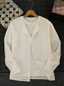 青少年男孩纯色前扣长袖休闲衬衫 - 白色 - 查看 3