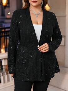 SHEIN Privé كارديجان كنزة صوفية محبوك مزين بالكسرات والغليتر ذو أكمام طويلة وياقة على شكل حرف V مناسب للمناسبات الرسمية والحفلات المسائية والأنيقة مثل حفلات الشاي بعد الظهر والمواعدة والحفلات الموسيقية ، مقاس كبير - الأسود - مشاهدة 1