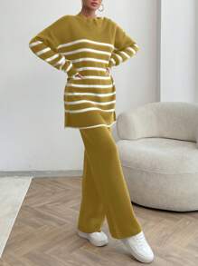 EURMUSE Women Stripe Pattern Button Detailed Round Neck Drop Shoulder Pullover & Sweater Pants Set - Mustard Yellow - View 6