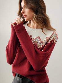 Anewsta Casual Minimalist Colorful Sequin Design Crew Neck Sweater For New Year Knit Pullover Fall Winter - Red - View 7