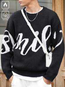 Manfinity Roghcode Men's Letter Pattern Crew Neck Long Sleeve Casual Sweater For Autumn And Winter - Black and White - View 1