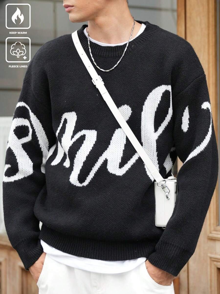 Manfinity Roghcode Men's Letter Pattern Crew Neck Long Sleeve Casual Sweater For Autumn And Winter - Black and White - View 1