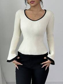 Chiquease Women Contrast Color U Neck Slim Fit Knit Sweater, Autumn/Winter Layering Tee Knit Pullover Fall Outfit - Apricot - View 5