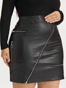 Váy da PU giả khóa kéo cỡ lớn cho nữ, ngắn, cạp cao, ôm sát cơ thể - màu đen - Xem 1