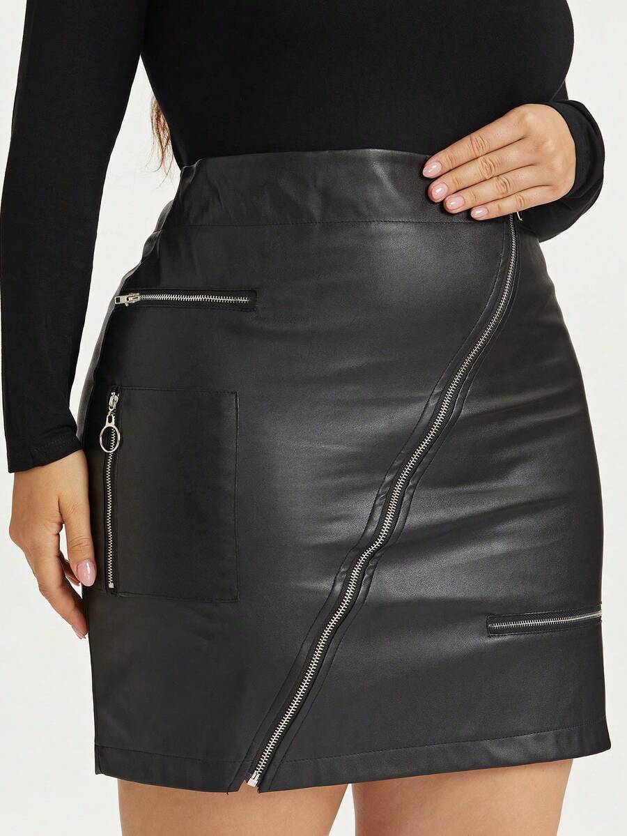 Váy da PU giả khóa kéo cỡ lớn cho nữ, ngắn, cạp cao, ôm sát cơ thể - màu đen - Xem 1