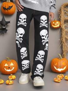 Manfinity NXTstreet Men's Loose Straight Skull Print Woven Pants - Black - View 4