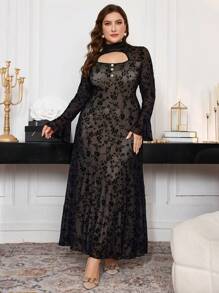 Modelyn Plus Size Women Elegant Floral Flocked Cutout Stand Collar Bell Sleeve Dress Maxi Women Outfit