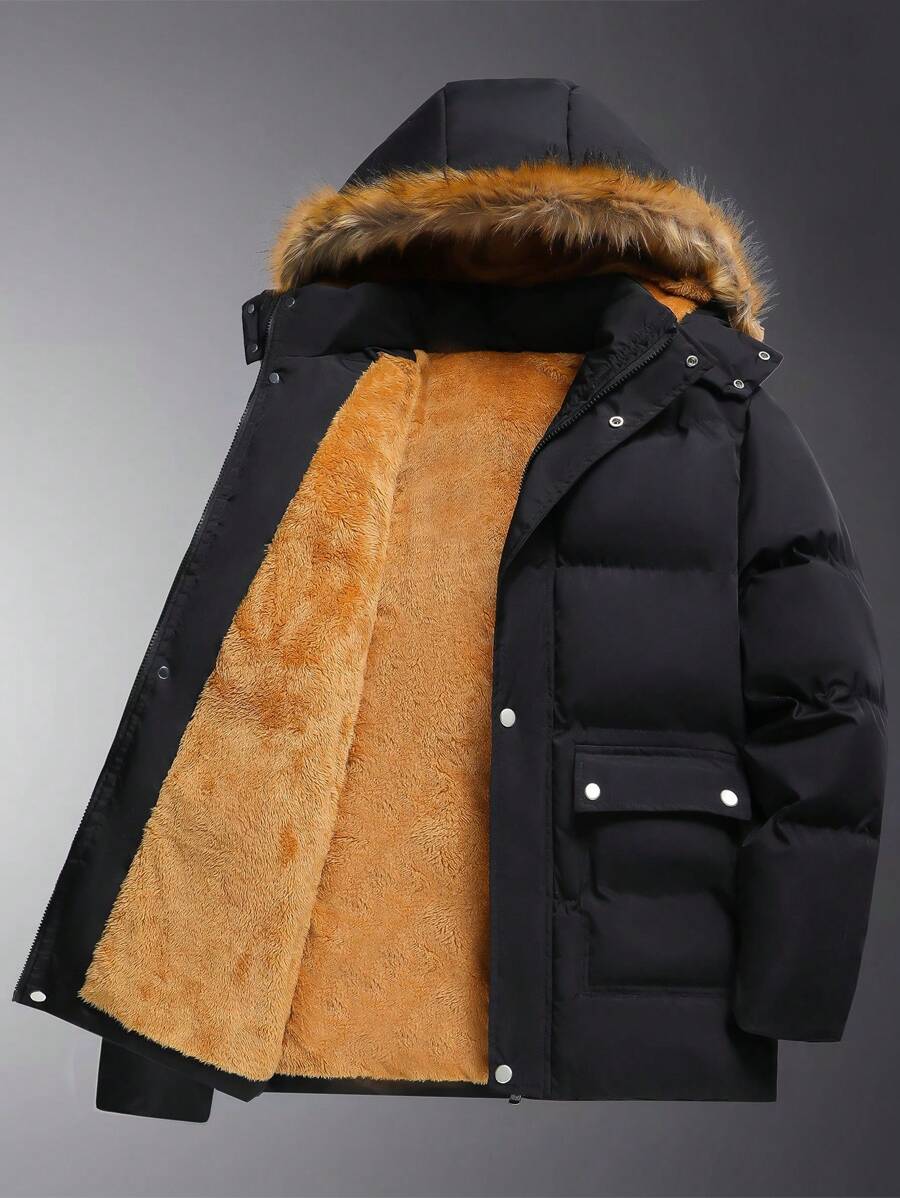 Manfinity Homme 男式纯色长袖衬里毛茸茸拼接连帽棉服外套，冬季 - 黑色 - 查看 1