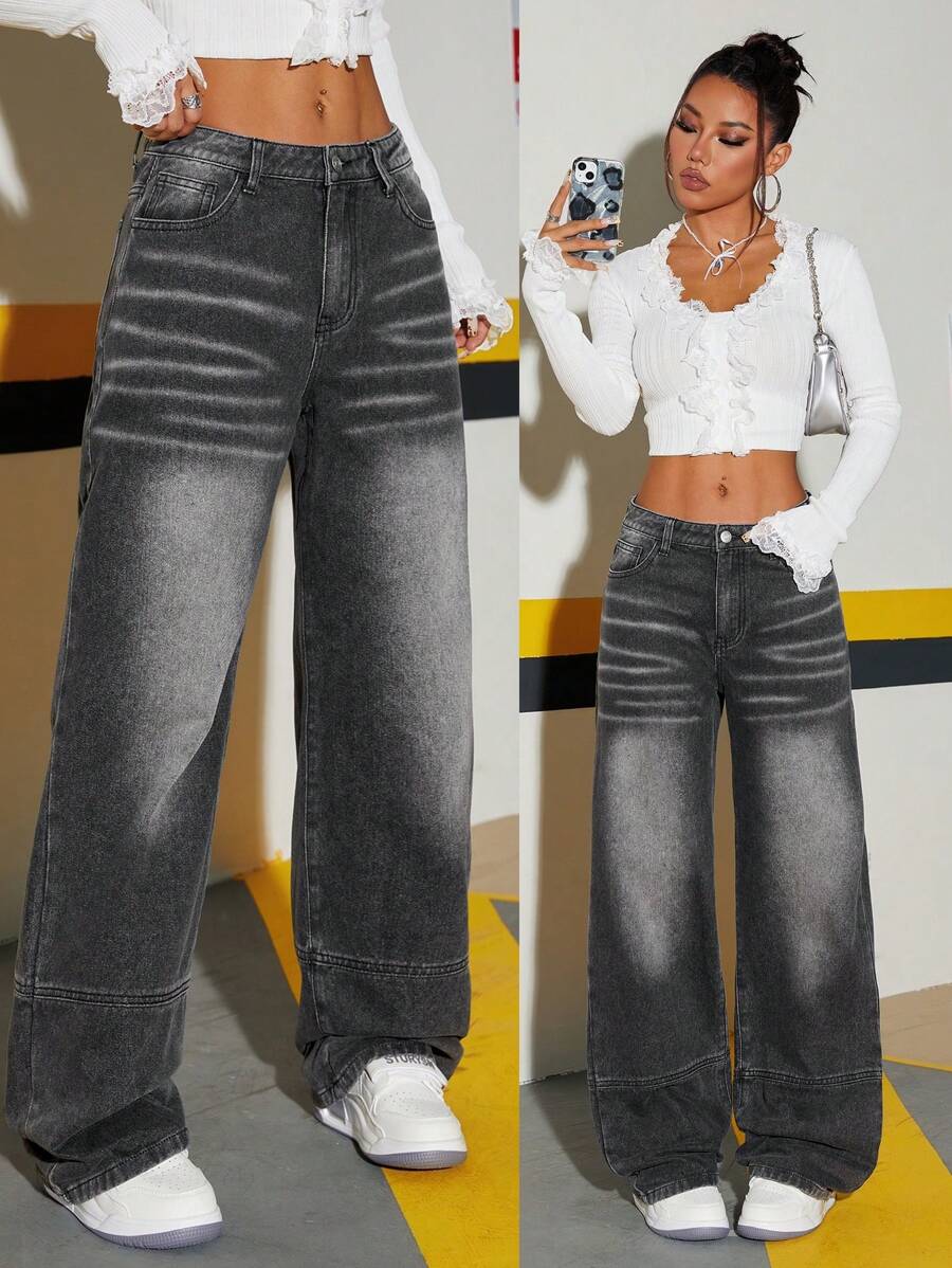 SHEIN ICON Quần Jeans Ống Đứng Túi Màu Tương Phản Thường Ngày - màu đen - Xem 1