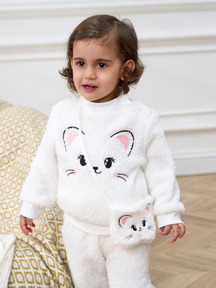 SHEIN Baby Girls' Cute Cat Embroidered Plush Bag And Warm Outfit Set - Multicolor - View 1
