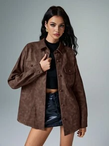 Poéselle 女士皮夹克 PU 夹克 纽扣前口袋 纯色 系带 长袖 常规外套 秋季女装 工装裤 冬季女装 复古外套 商务休闲女士秋装 冬季夹克 女士外套 女士冬装 - 咖啡棕 - 查看 6