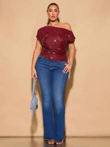SHEIN BAE Top asimétrico de manga corta con hombros descubiertos, acampanado y con brillo y lentejuelas para mujer talla grande, adecuado para fiestas elegantes de otoño, fiestas y ocasiones elegantes de Halloween