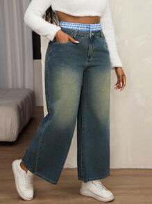 SHEIN SXY Plus Size Women Loose Fit Pocketed Wide Leg Casual Jeans