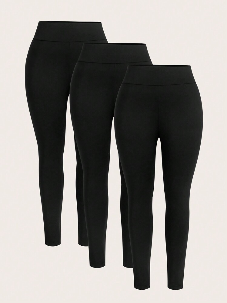 SHEIN PETITE CURVE 大码女士休闲运动修身打底裤3条装，女士下装，春季女装，休闲，运动服，黑色裤子 - 黑色 - 查看 5
