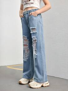 Girls Y2K Light Wash Distressed Loose Flare Jeans - Light Wash - View 4
