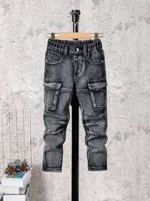 SHEIN Young Boy Casual Straight Washed Denim Jeans - Grey - View 1