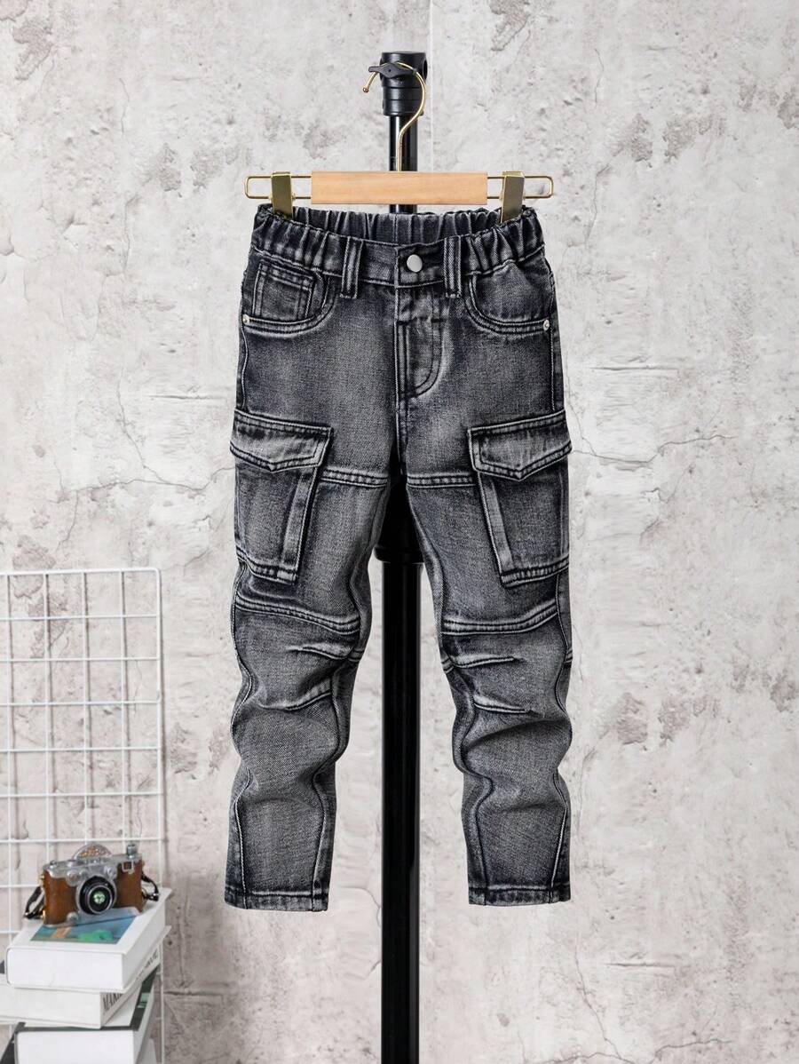 SHEIN Young Boy Casual Straight Washed Denim Jeans - Grey - View 1