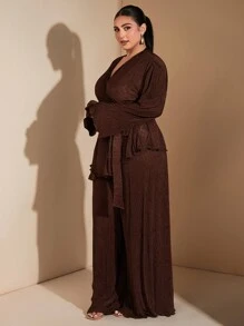 女士加大码优雅套装，包括长袖修身衬衫和裹身裤，适合秋季休闲约会、外出、派对和日常穿着 - 咖啡棕 - 查看 3