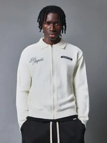 SUMWON Casual Zip Front Cardigan Sweater With Los Angeles City Embroidery Preppy College Style Letter Patch Urban Streetwear Spring Autumn Outerwear - Apricot - View 1