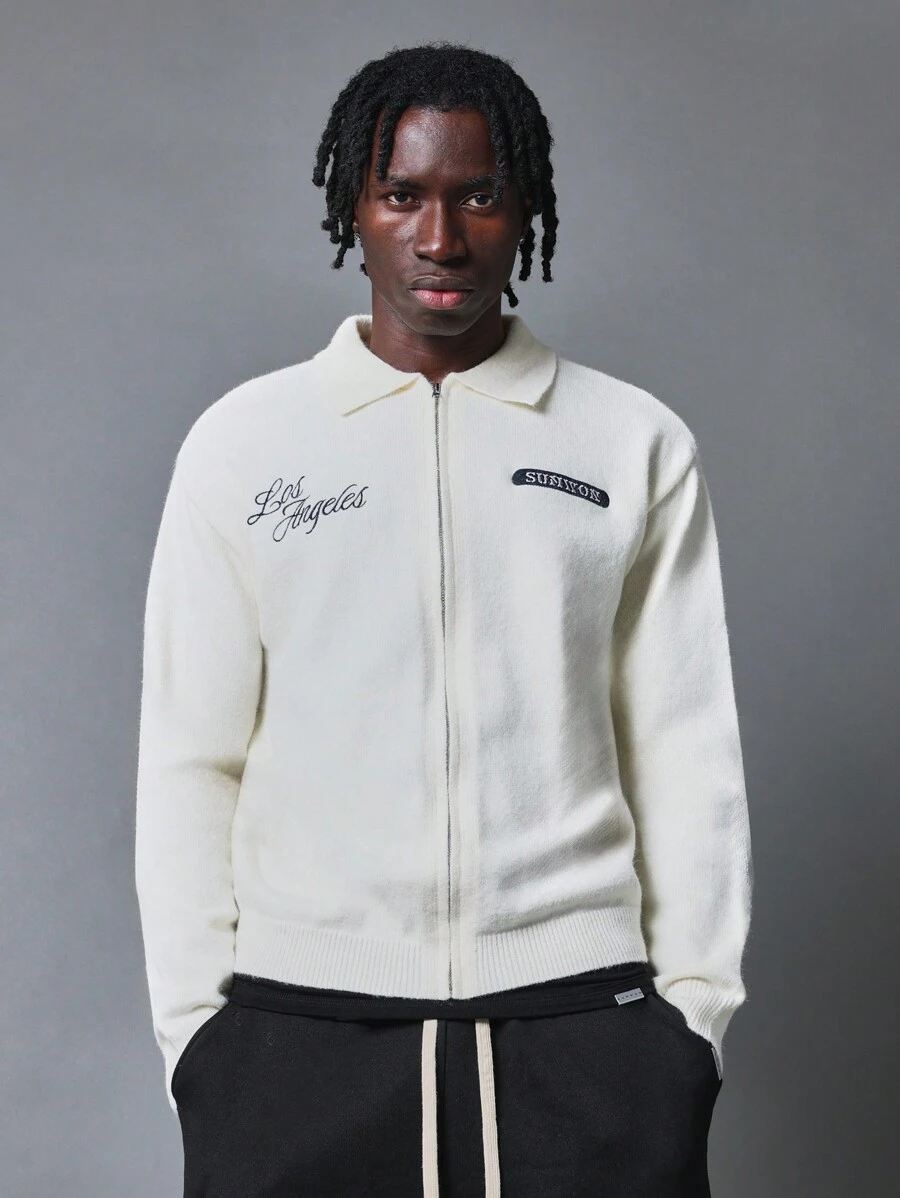 SUMWON Casual Zip Front Cardigan Sweater With Los Angeles City Embroidery Preppy College Style Letter Patch Urban Streetwear Spring Autumn Outerwear - Apricot - View 1