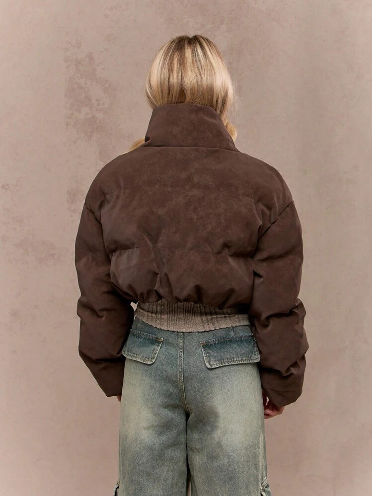 MISSGUIDED Suede Puffer Cropped Winter Jacket Quilted Bubble Coat