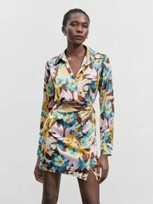 Maija 1pc Women Floral Print Long Sleeve Ruched Elegant Stylish Mini Dress - Coffee Brown - View 6