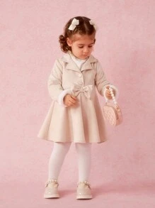 SHEIN Baby Girls' Minimalist Lapel Half-Open Cardigan With Fuzzy Trim, Long Sleeve Butterfly Decor A-Line Party Dress, Spring/Autumn - Apricot - View 8