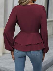 EMERY ROSE Camisa de mujer de unicolor con cruce de solapa y manga larga de doble botonadura - Granate - Ver 2