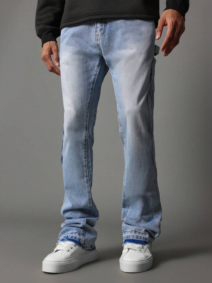 SUMWON Flare Fit Washed Raw Edge Carpenter Jean - Blue - View 1