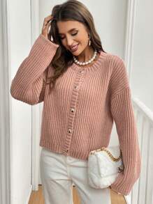 SHEIN Frenchy Women's Solid Color Front Button Closure Long Sleeve Casual Top Winter Pink