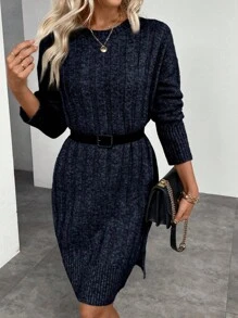 SHEIN LUNE 女士纯色落肩宽松开衩罗纹针织毛衣连衣裙