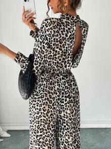 Chiquease Women's Casual Leopard Print Keyhole Back Jumpsuit With Stand Collar And Waist Cinch, For Autumn - Khaki - View 2