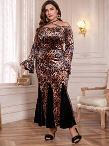 Modelyn فستان ضيق وقصير مع طباعة النمر وطرف متقاطع لمناسبات الربيع/الخريف بمقاسات كبيرة، فساتين ماكسي ضيقة أنيقة، للحفلات المسائية/ضيف الزفاف/الذكرى السنوية - متعدد الألوان - مشاهدة 3