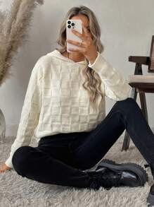 SHEIN LUNE 女士休闲纯色落肩宽松连帽纹理毛衣