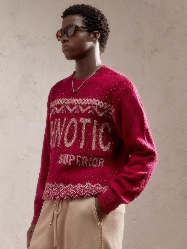 Christmas Gold Thread Red Knit Loose Fit Crew Neck Long Sleeve Sweater, Casual Design With Letter And Snowflake Pattern, Suitable For Autumn/Winter, Christmas And New Year
