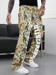 Manfinity Roughcore Men's Letter Print Drawstring Waist Loose Casual Sweatpants - Multicolor - View 4